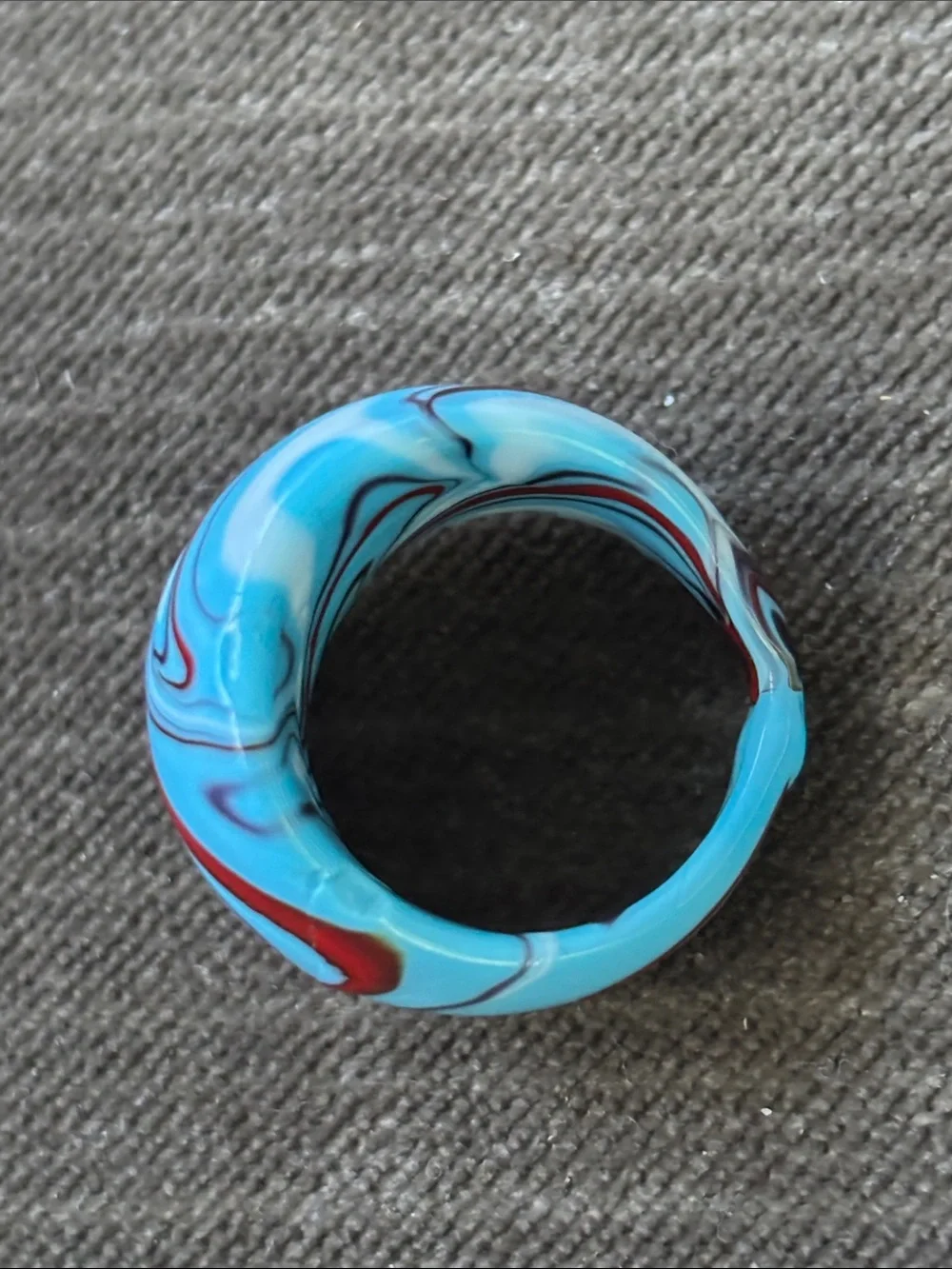 Blue Red Swirl ART GLASS Ring - Fun Marble Pattern Chunky statement piece